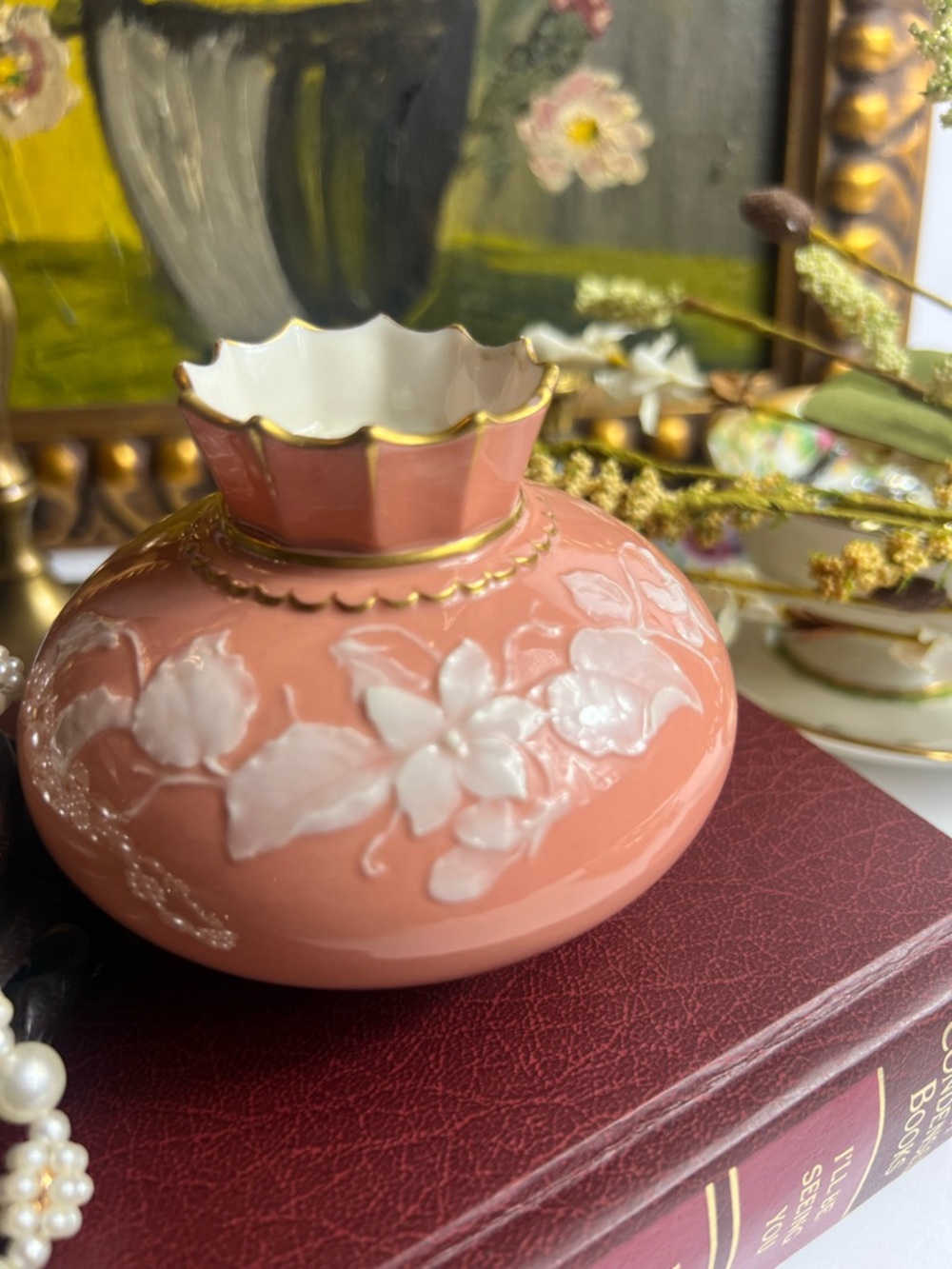 Vintage Coral Pink Ceramic Vase with White Floral Relief and Gold Trim
